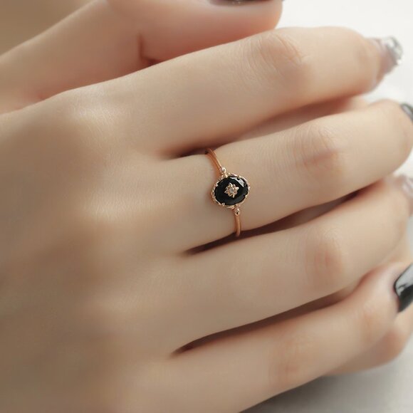 Black Agate Gold Signet Ring, Gold Vermeil Rings, Stackable Gold Ring - Picture 2 of 10